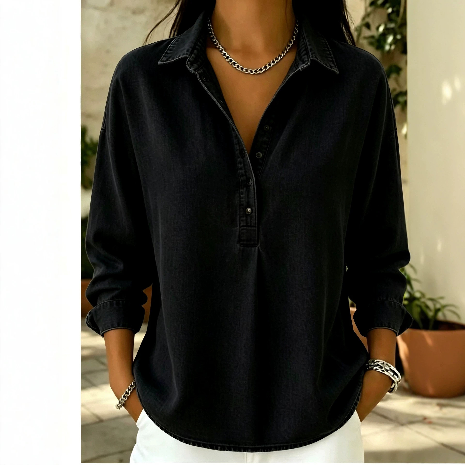 [Copy]🔥Women's Relaxed Denim-Style Button Detail Top