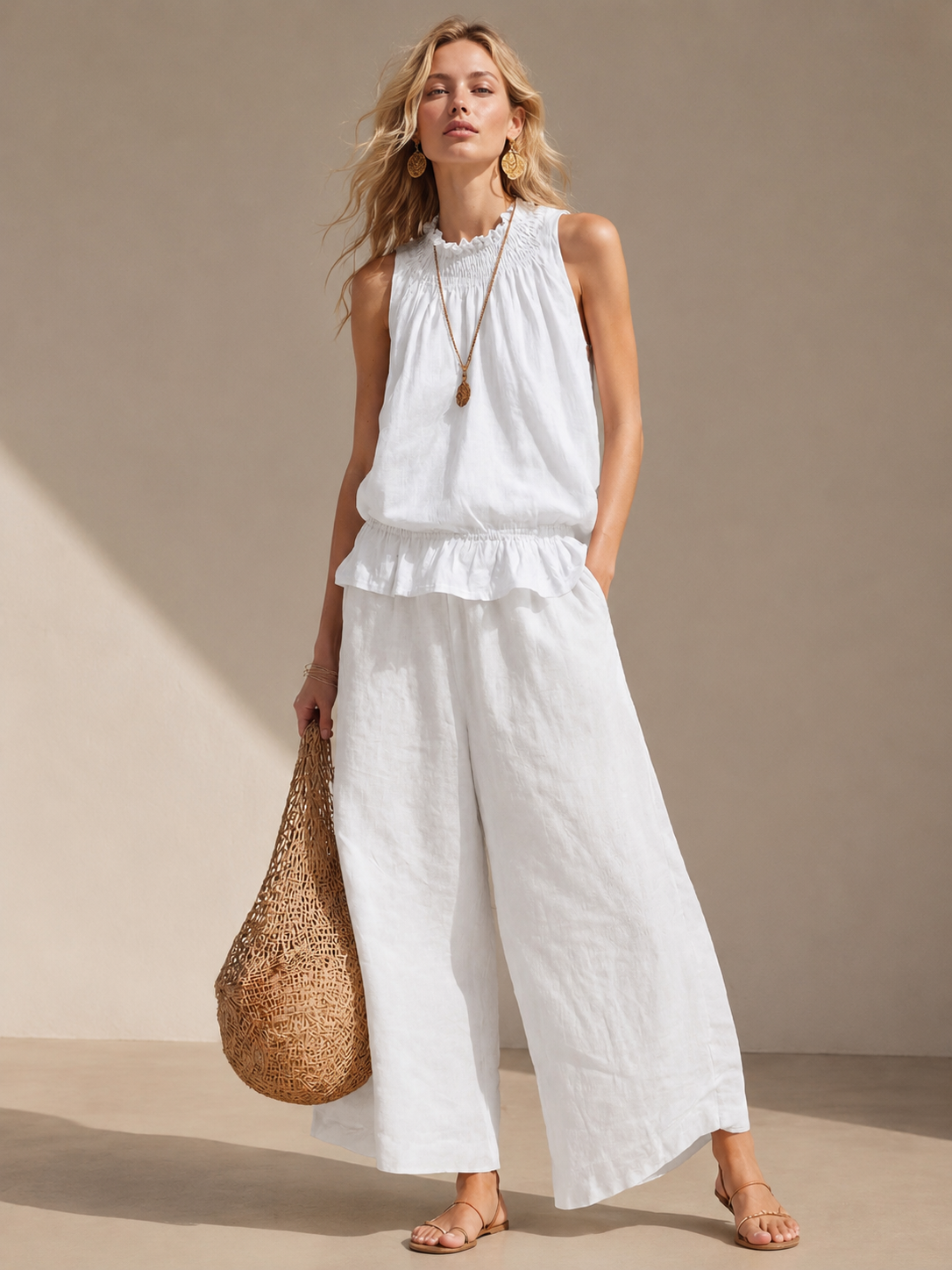 Summer Chic Women's Matching Set – Relaxed Sleeveless Top + Palazzo Pants