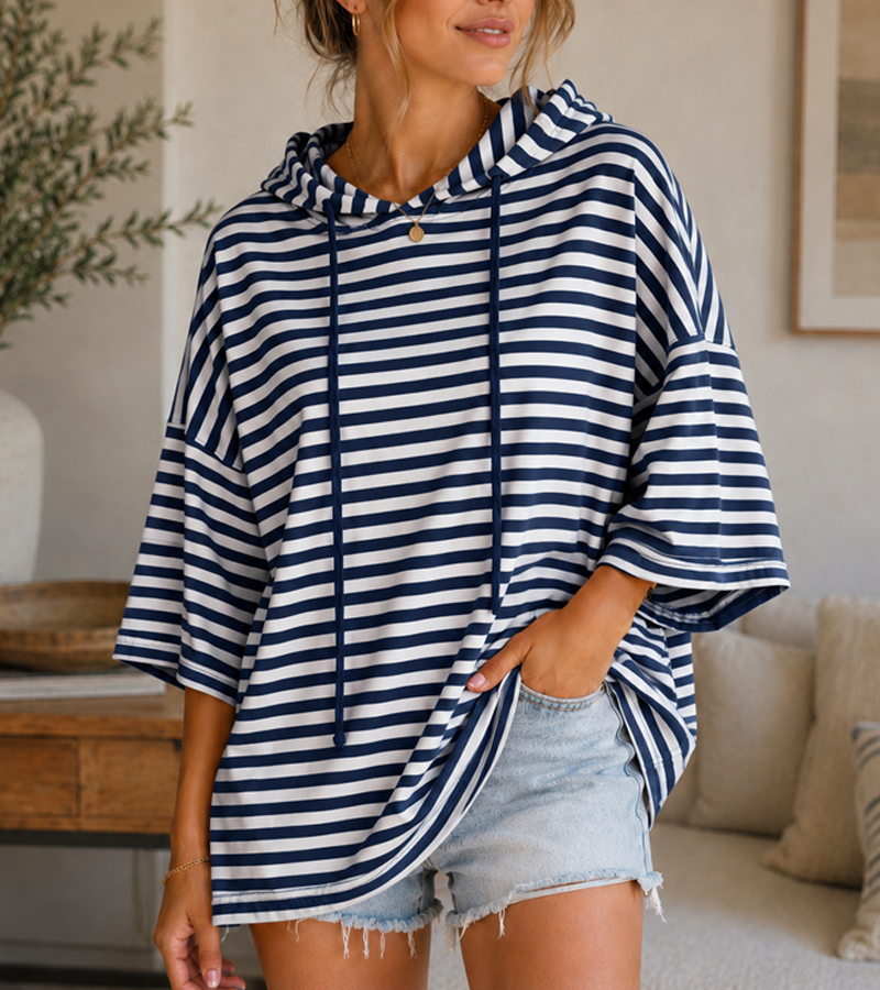 Coastal Stripe Oversized Hooded Pullover – Relaxed 3/4 Sleeve Top