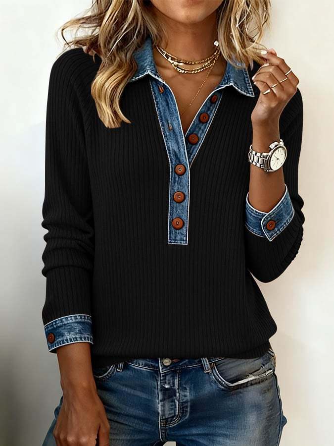 Women'S Contrasting Knitted Lapel Top