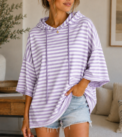 Coastal Stripe Oversized Hooded Pullover – Relaxed 3/4 Sleeve Top