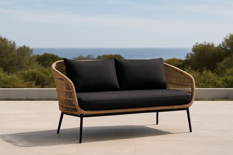 Divano da Esterno a 2 Posti in Rattan con Cuscini in Poliestere Nero