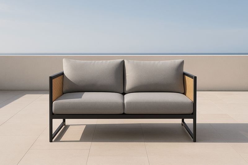 Divano biposto da esterno in metallo e rattan con cuscini in poliestere 150x80x75 cm