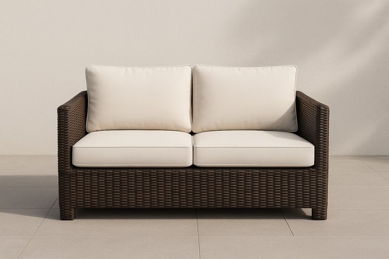 Divano Due Posti Rattan Sintetico Marrone Cuscini Poliestere Bianco