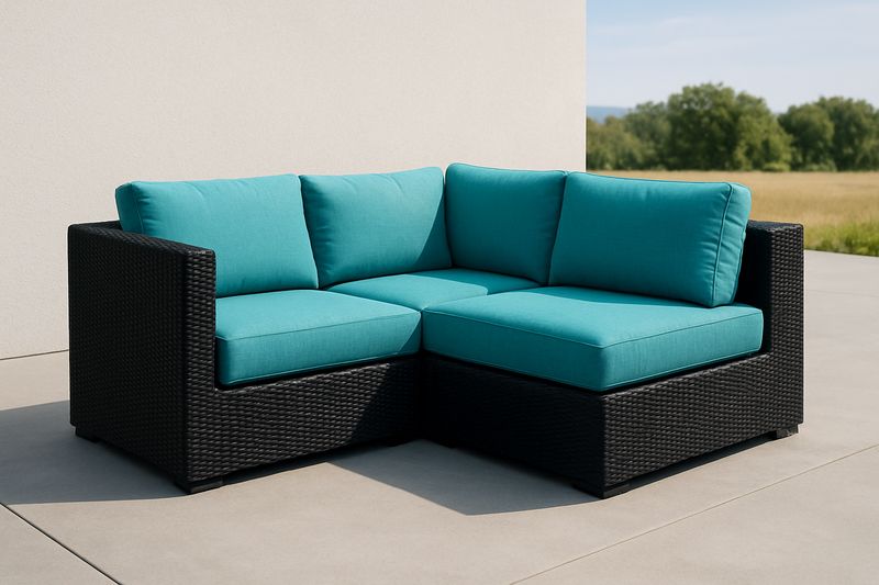 Divano angolare in rattan con cuscini in poliestere turchese