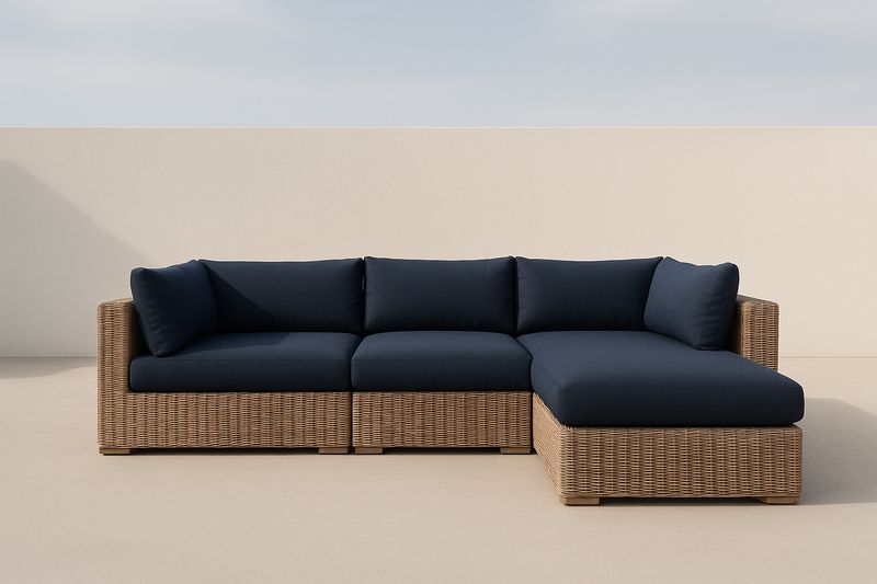 Divano angolare da esterno in rattan sintetico e tessuto blu