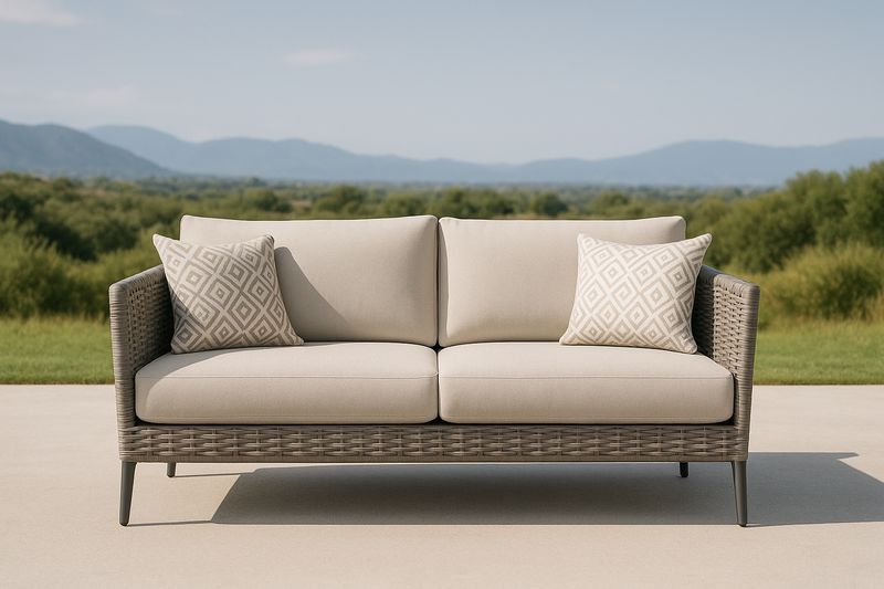 Divano a due posti in rattan sintetico marrone e tessuto beige