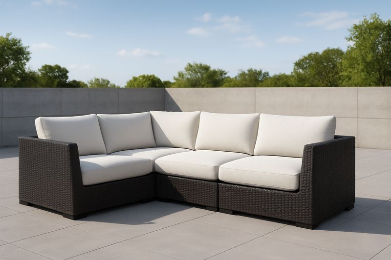 Divano Modulare da Esterno in Rattan con Cuscini in Tessuto Crema