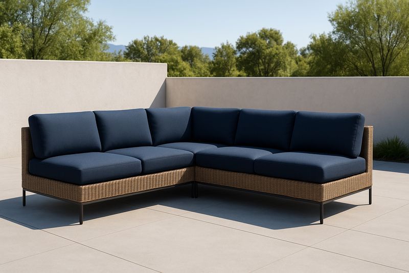 Divano angolare modulare in rattan con cuscini in tessuto blu 210x210x76 cm