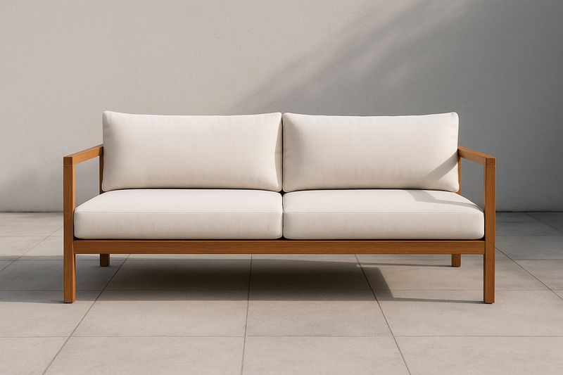 Divano 2 Posti in Legno Massello con Cuscini Bianchi in Tessuto