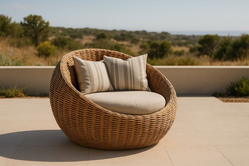 Poltrona Rotonda in Rattan Sintetico con Cuscini Beige