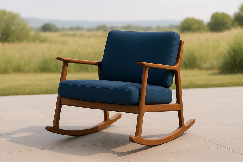 Poltrona a Dondolo in Legno con Rivestimento in Tessuto Blu