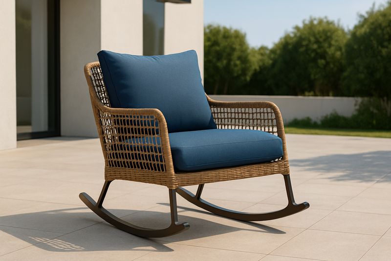 Sedia a Dondolo in Rattan con Cuscini Blu