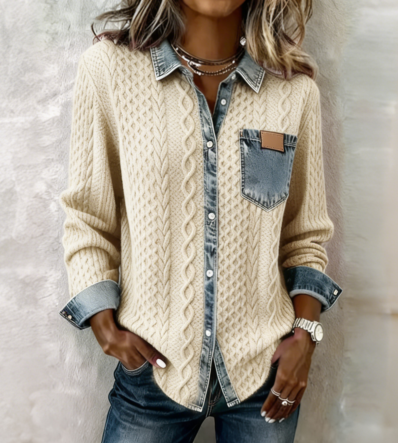 🎄Clearance Sale🔥 Women's Retro Knitted Denim Shirt