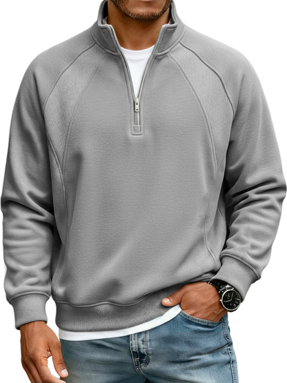 Men's Simple Raglan Stitching Stand Collar Zipper Casual Loose Sweatshirt