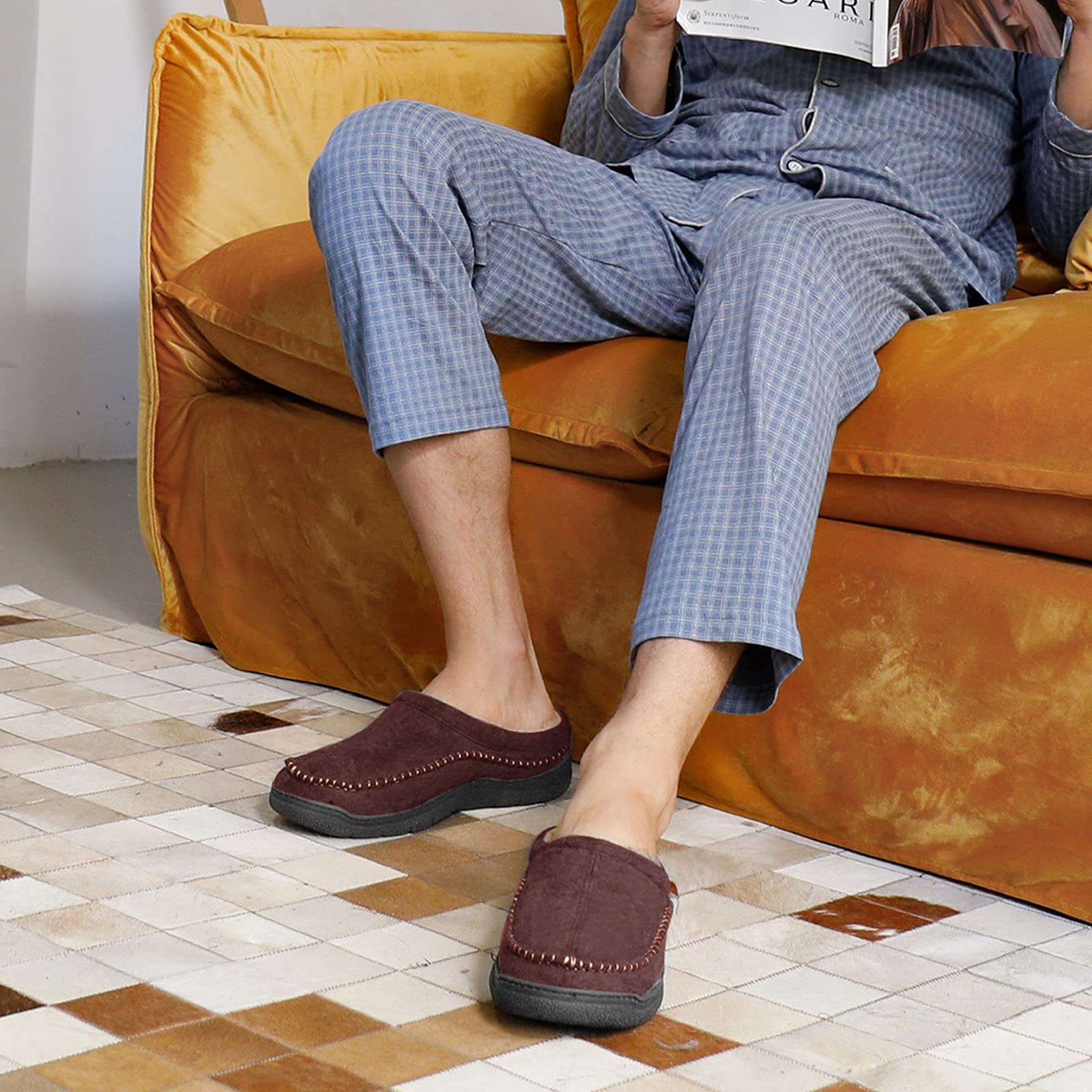 Men's Daily Non-Slip Warm Wide-Toe Plush Slippers