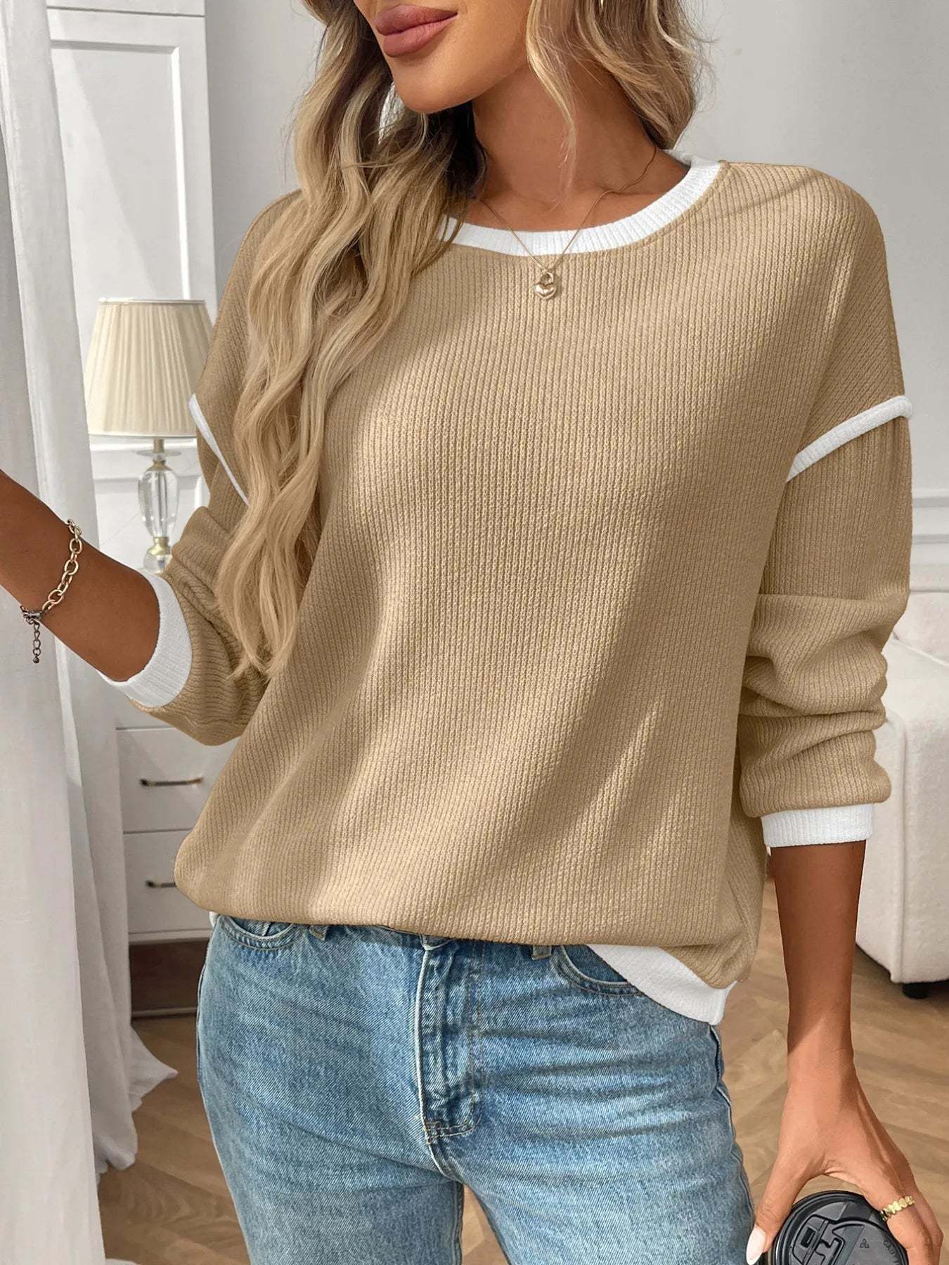 Ribbed Contrast Trim Long Sleeve Top