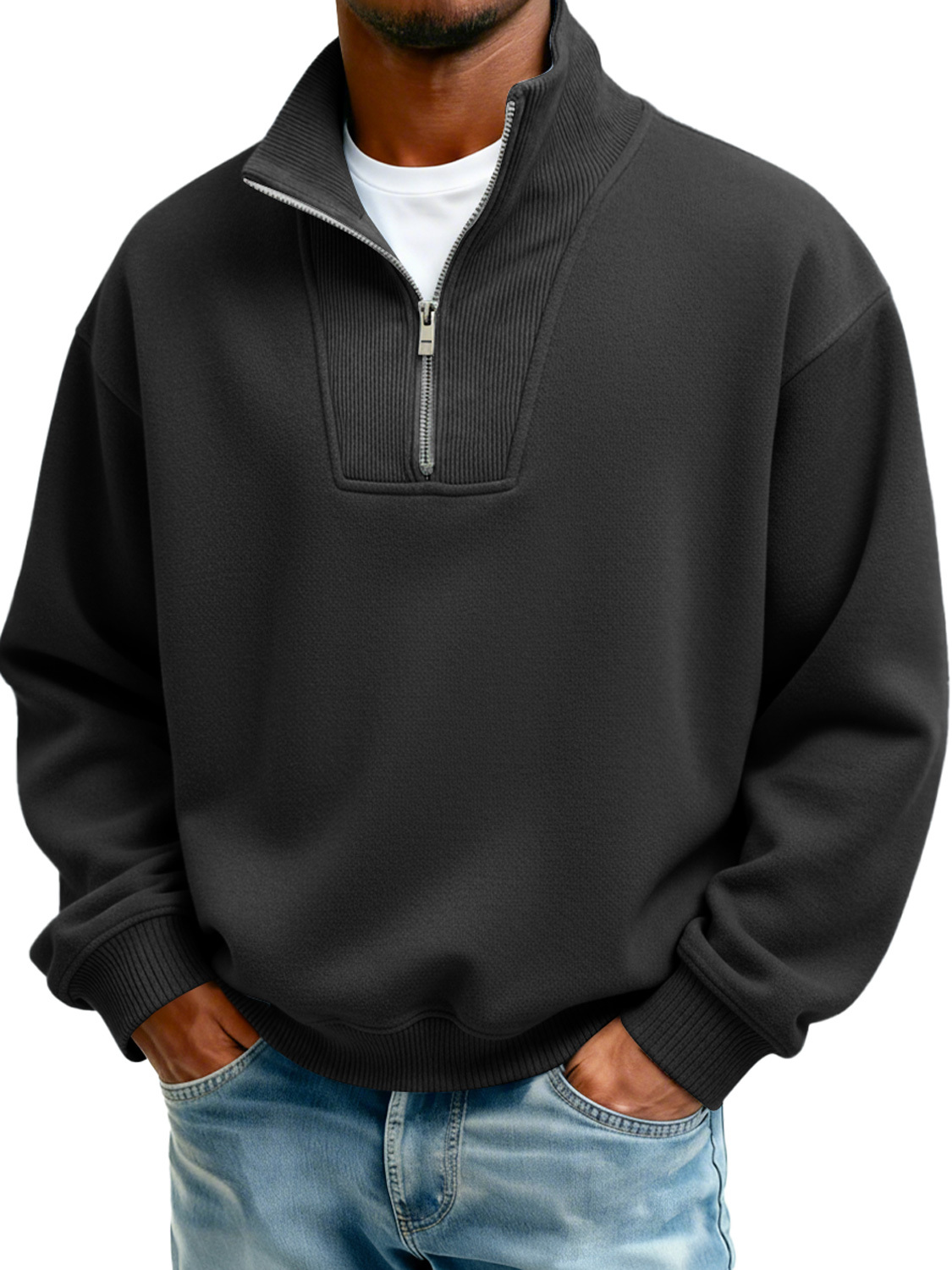 Men's Stand Collar Zipper Ribbed Panel Casual Long-Sleeve Sweatshirt