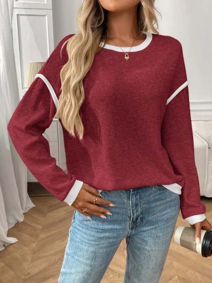 Ribbed Contrast Trim Long Sleeve Top