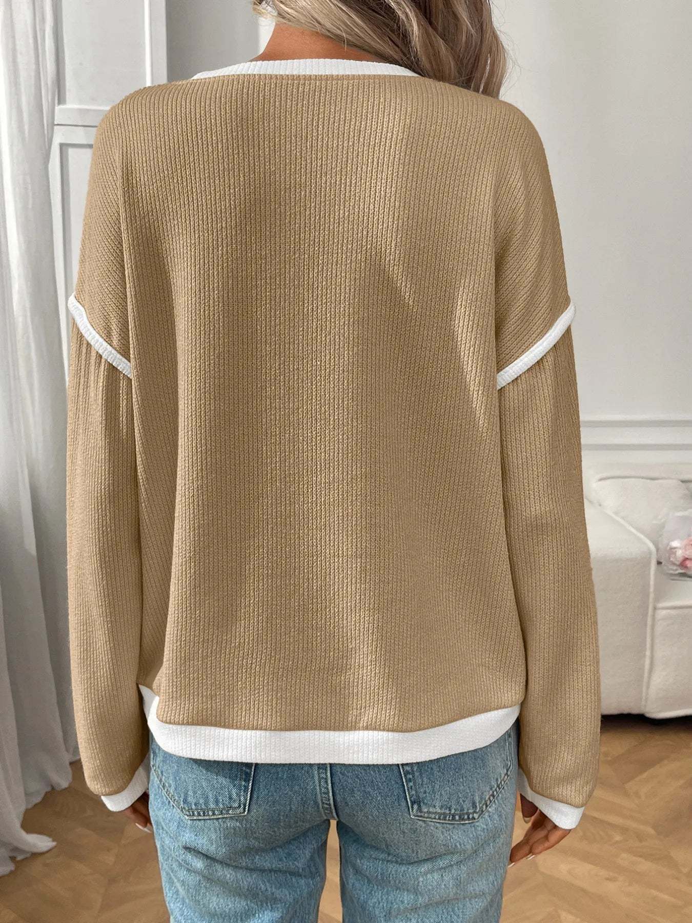 Ribbed Contrast Trim Long Sleeve Top