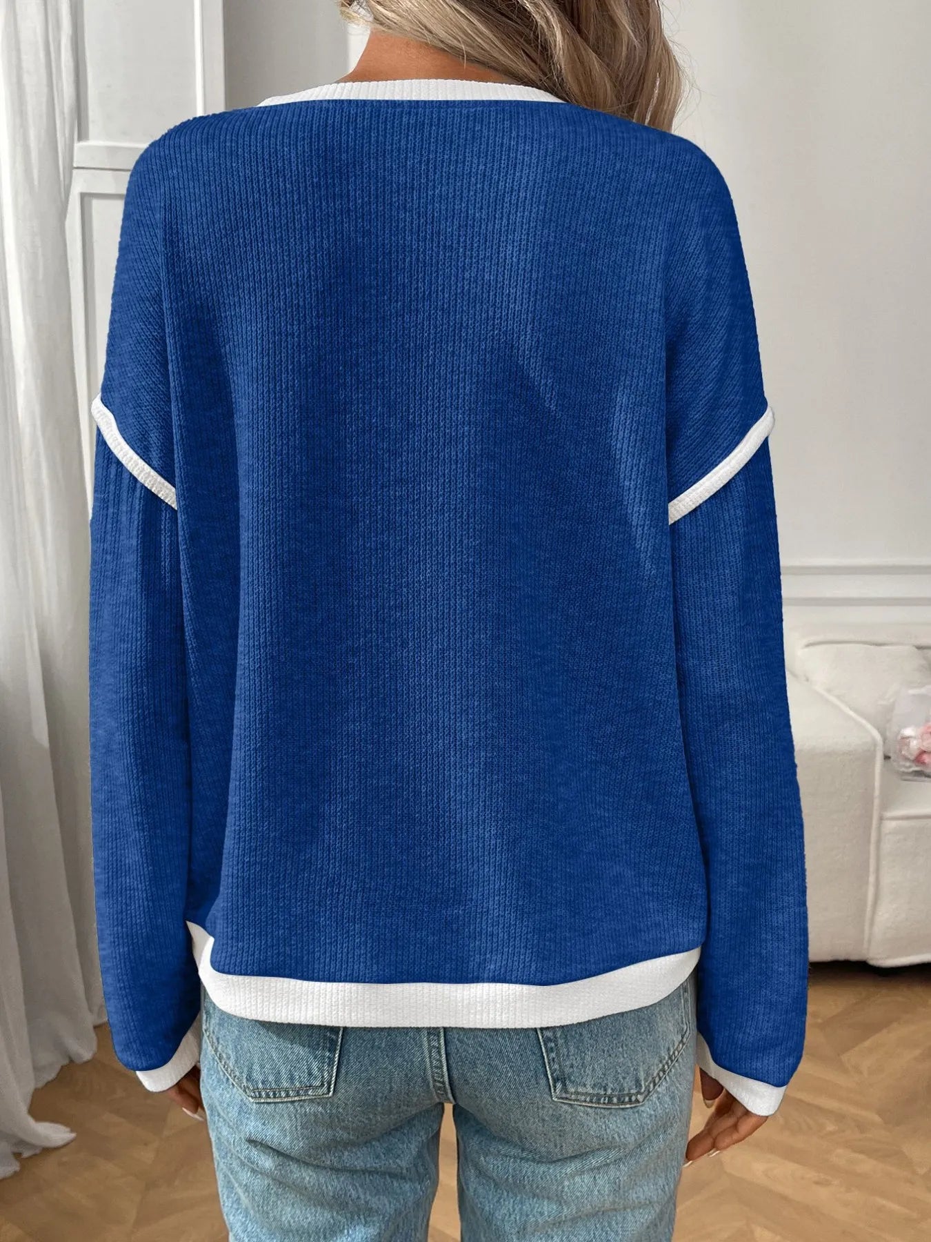 Ribbed Contrast Trim Long Sleeve Top