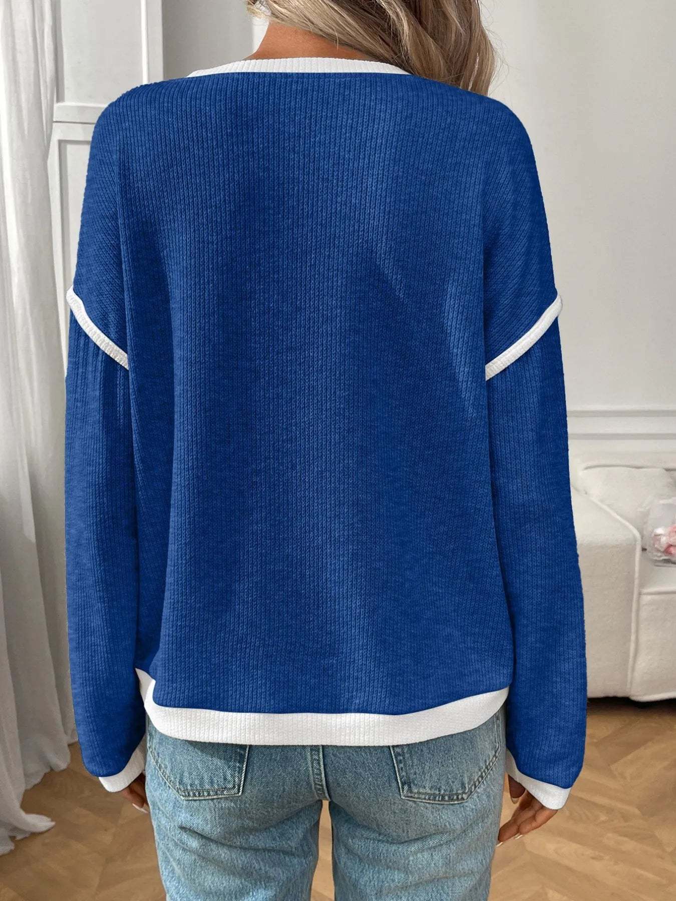 Ribbed Contrast Trim Long Sleeve Top