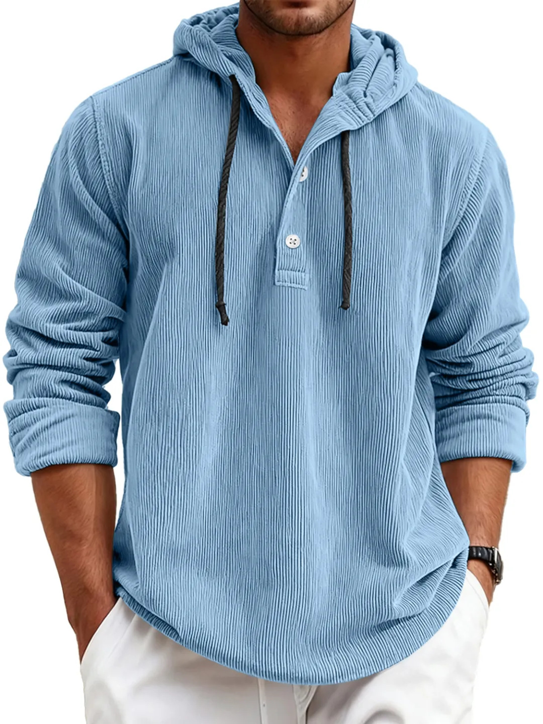 Men's striped pearl cotton half-shirt with hood and button-down design