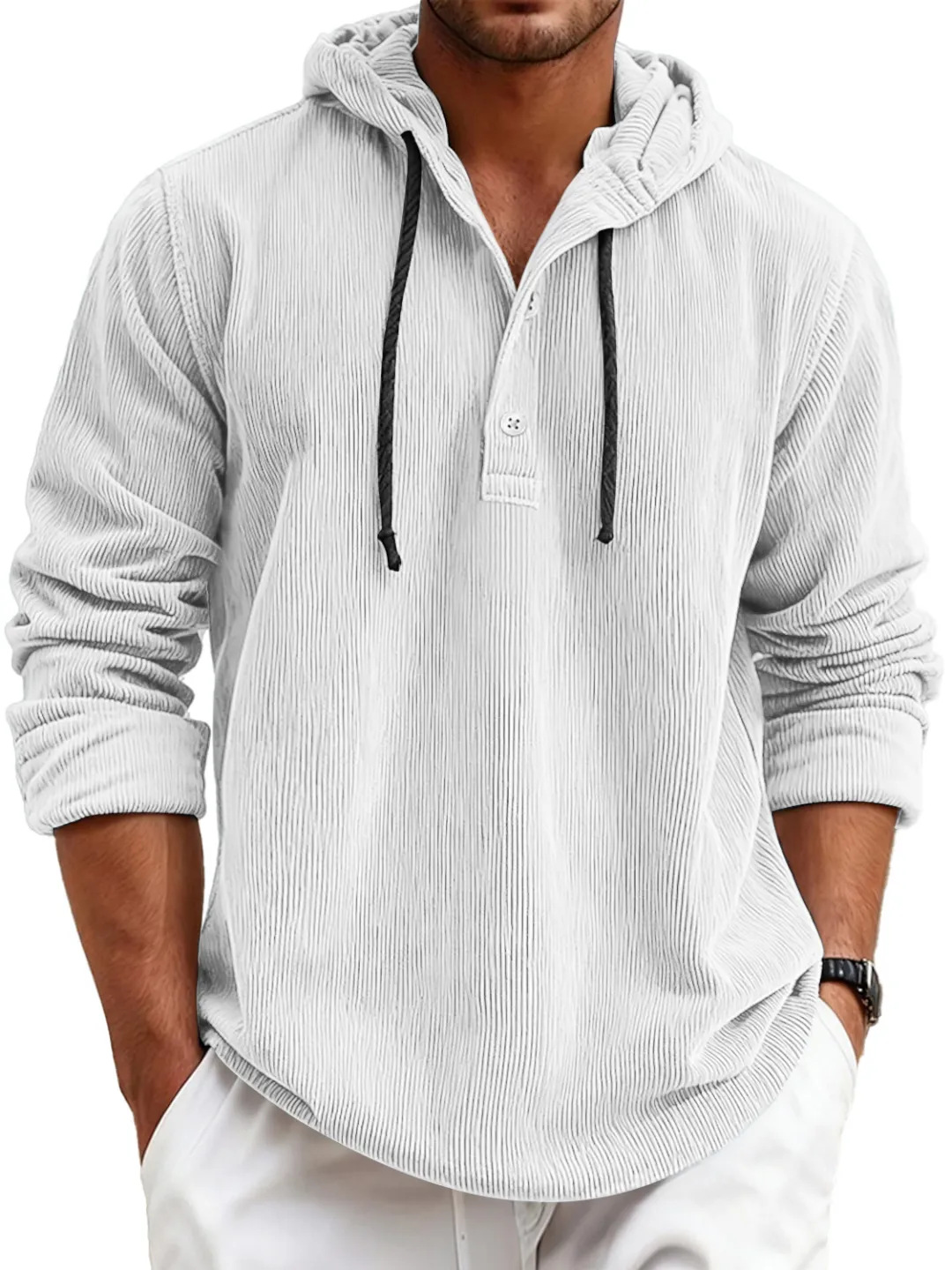 Men's striped pearl cotton half-shirt with hood and button-down design