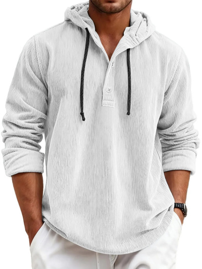 Men's striped pearl cotton half-shirt with hood and button-down design