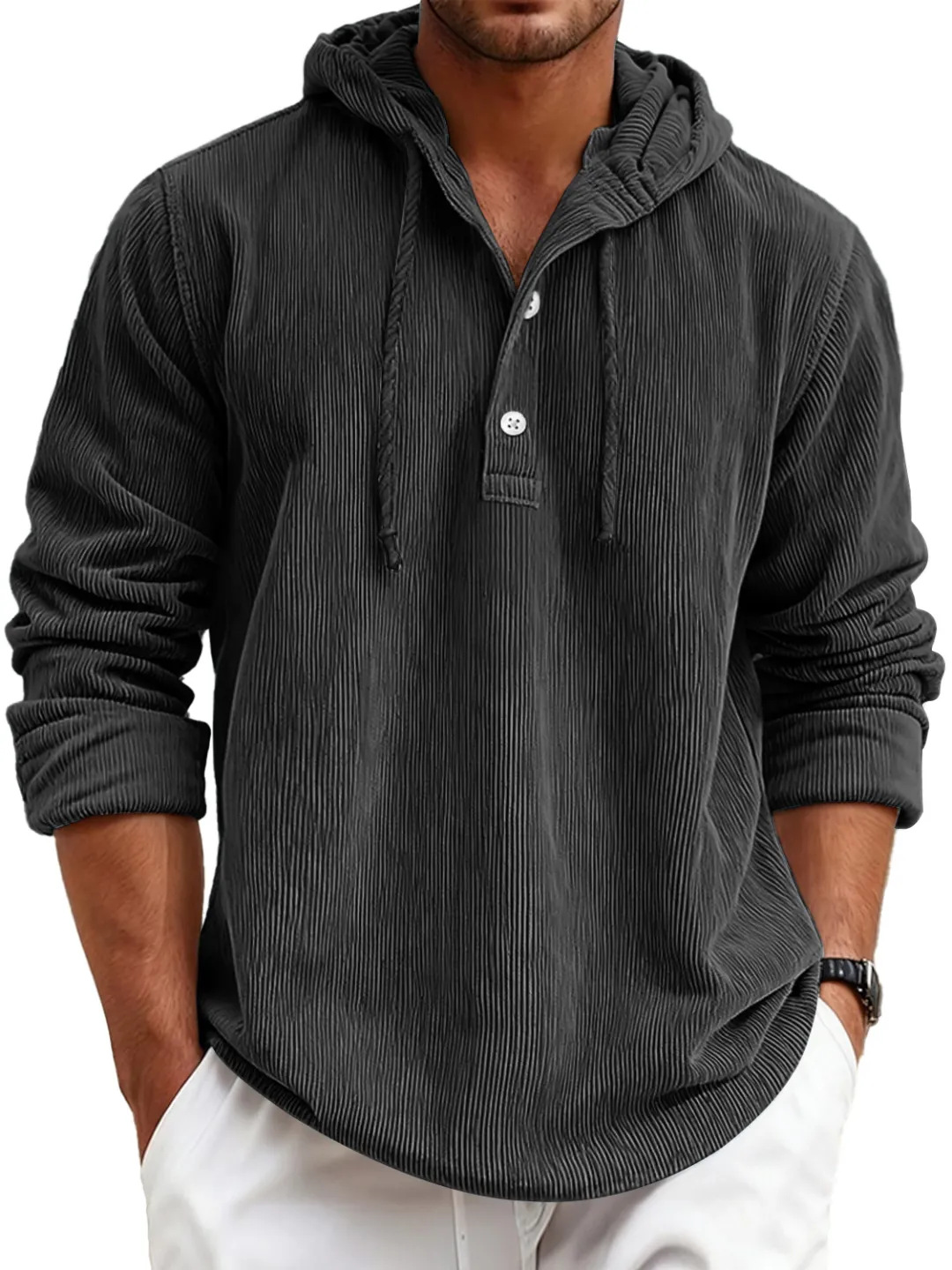 Men's striped pearl cotton half-shirt with hood and button-down design