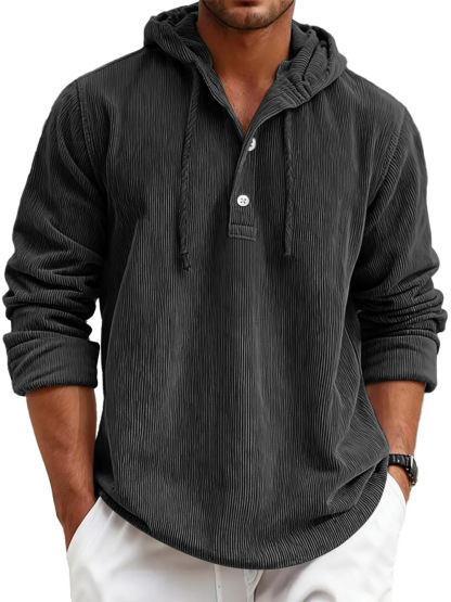 Men's striped pearl cotton half-shirt with hood and button-down design
