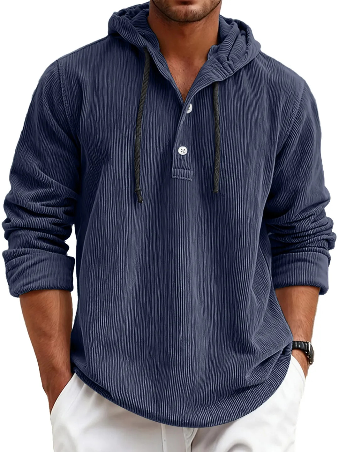 Men's striped pearl cotton half-shirt with hood and button-down design