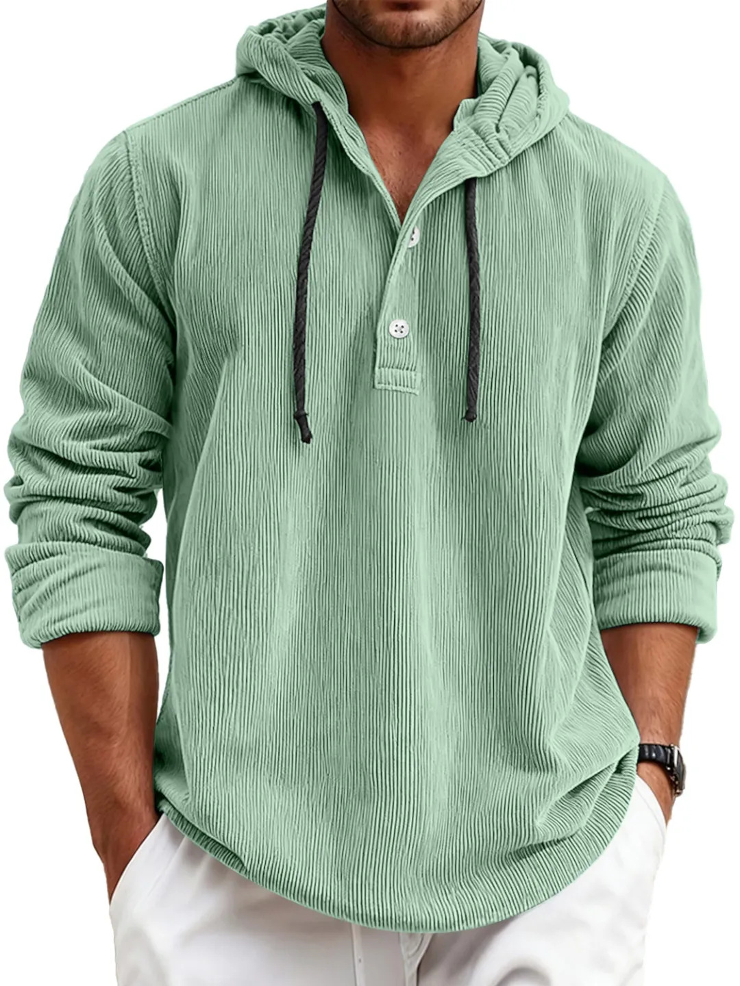 Men's striped pearl cotton half-shirt with hood and button-down design
