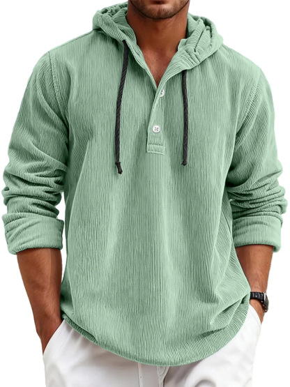 Men's striped pearl cotton half-shirt with hood and button-down design