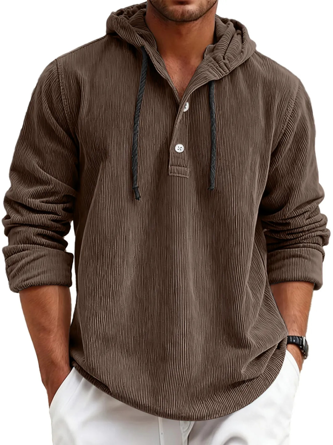 Men's striped pearl cotton half-shirt with hood and button-down design