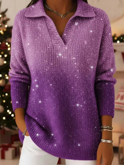 Women’s Starry Gradient Polo-Collar Knit Sweater Top