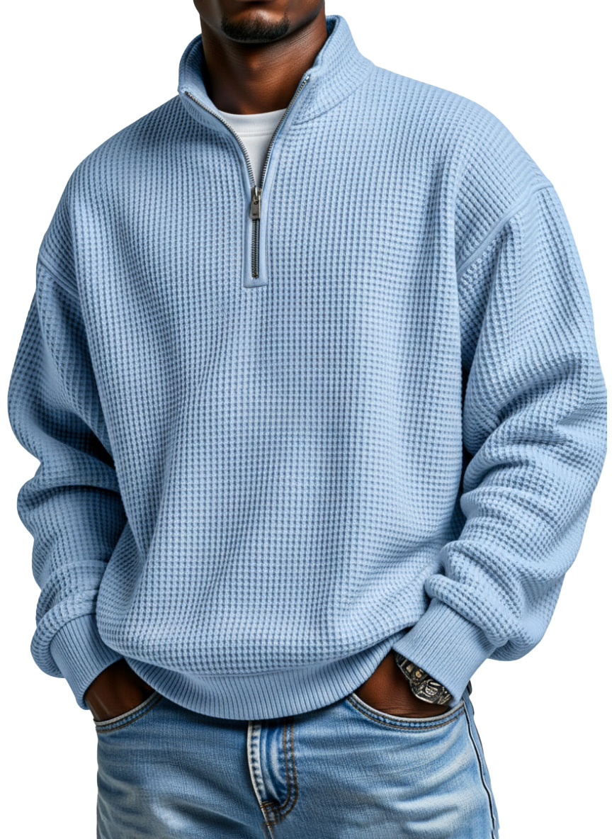Men's Daily Loose And Simple Waffle Half-zip Stand Collar Long-sleeved