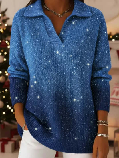 Women’s Starry Gradient Polo-Collar Knit Sweater Top