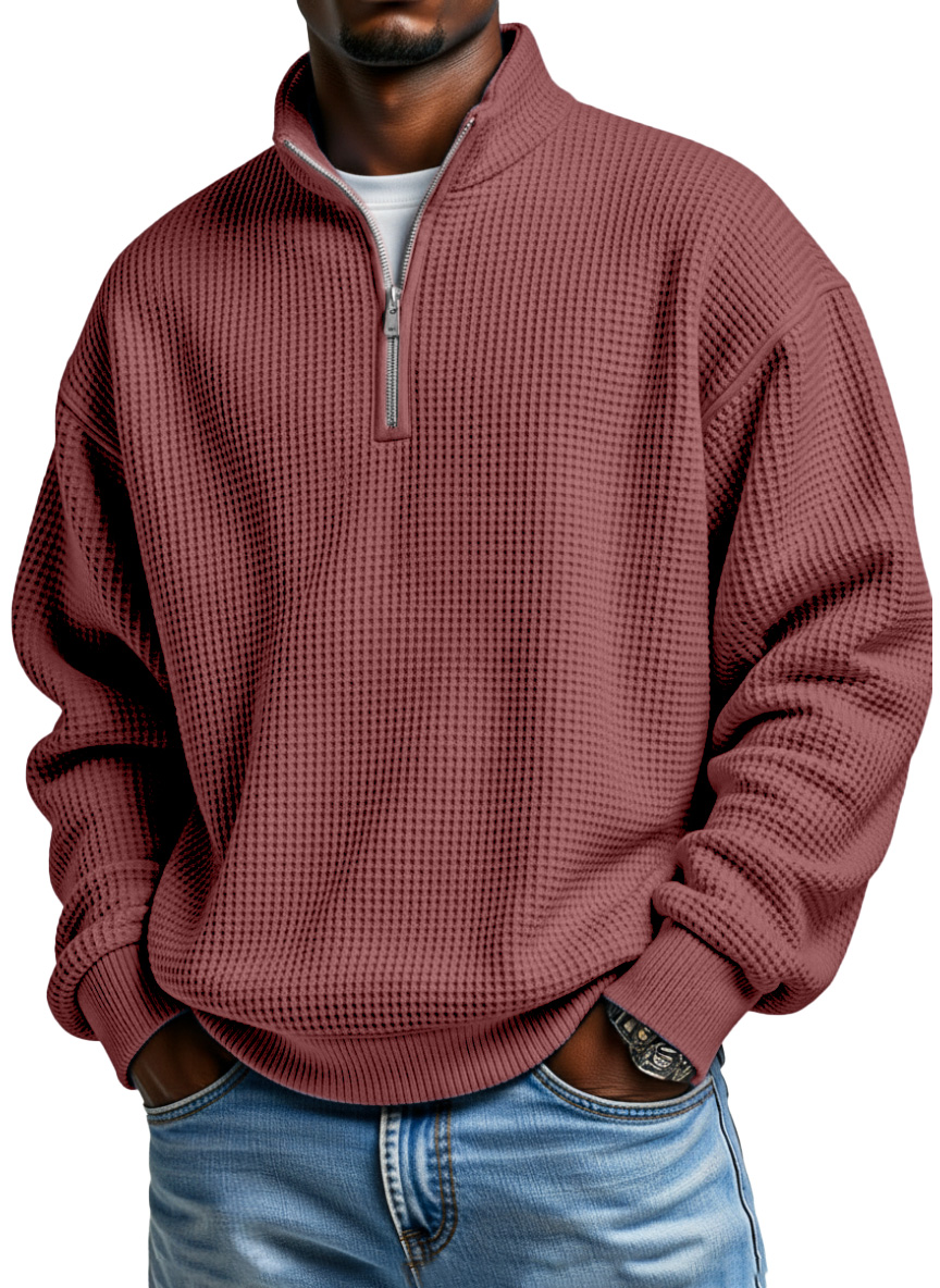 Men's Daily Loose And Simple Waffle Half-zip Stand Collar Long-sleeved