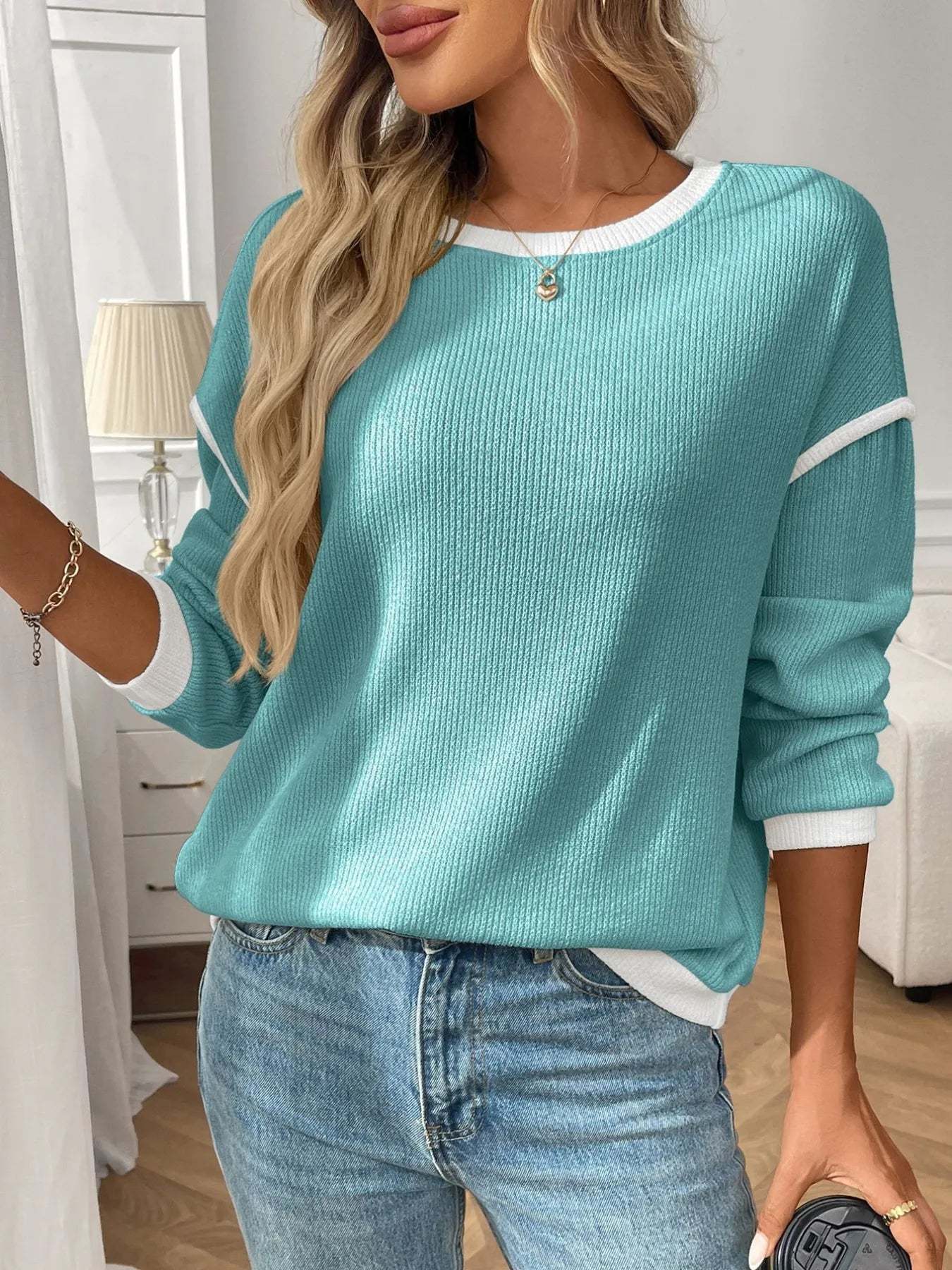 Ribbed Contrast Trim Long Sleeve Top