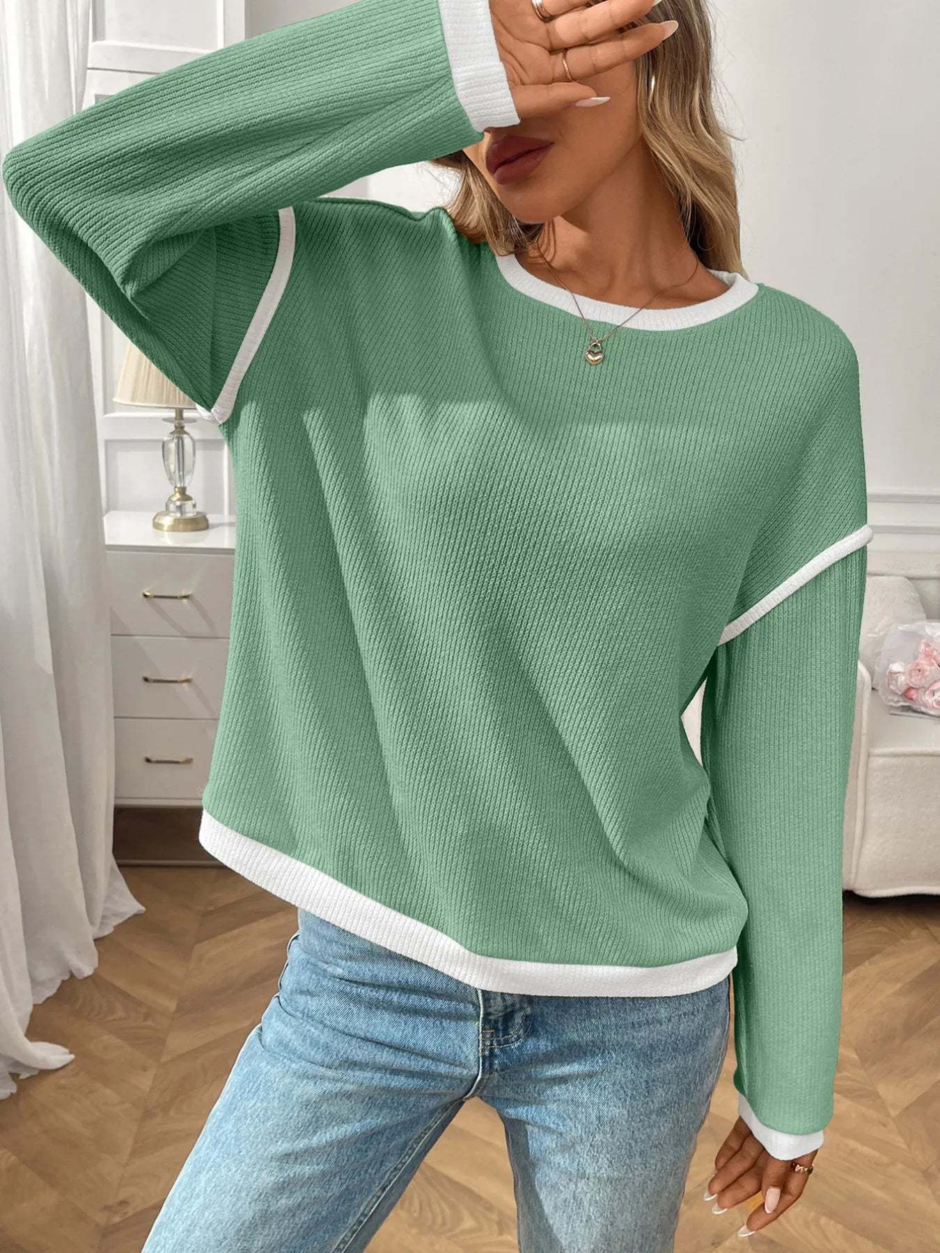 Ribbed Contrast Trim Long Sleeve Top