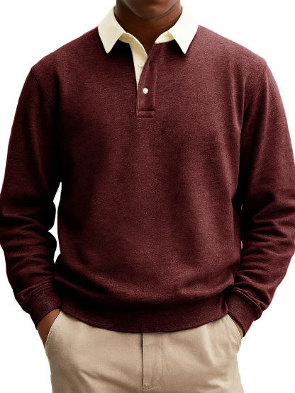 Men's Stylish Casual Everyday Cotton Long-sleeved Lapel Sweatshirt Polo Shirt With A Patchwork Collar