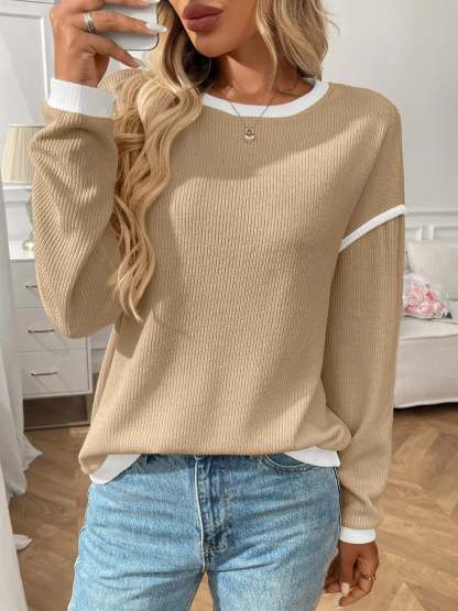 Ribbed Contrast Trim Long Sleeve Top