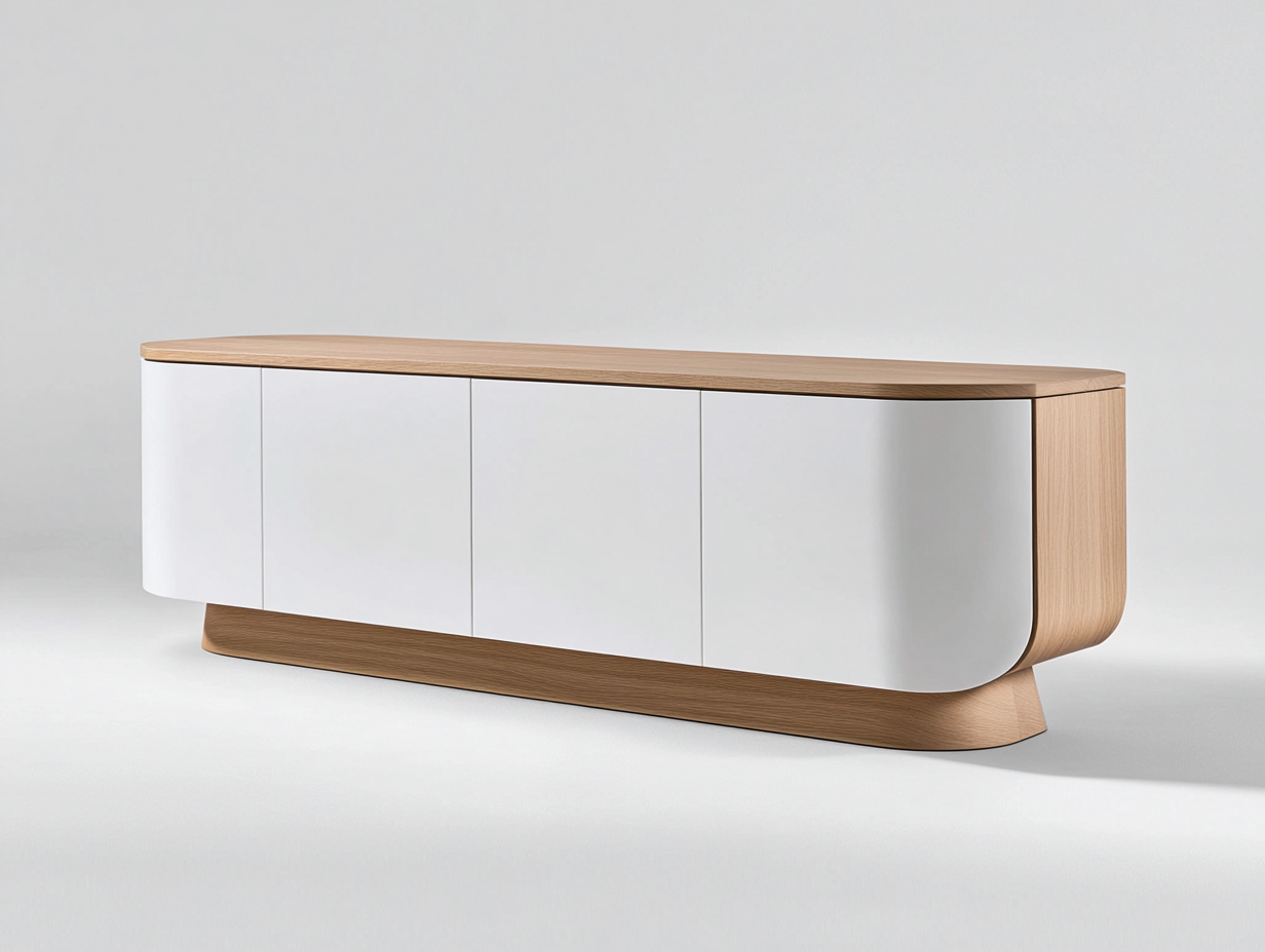 Meuble TV en bois chêne clair et blanc 180×40×75 cm – coins arrondis – base incurvée – avec espace de rangement-Habitatoliq