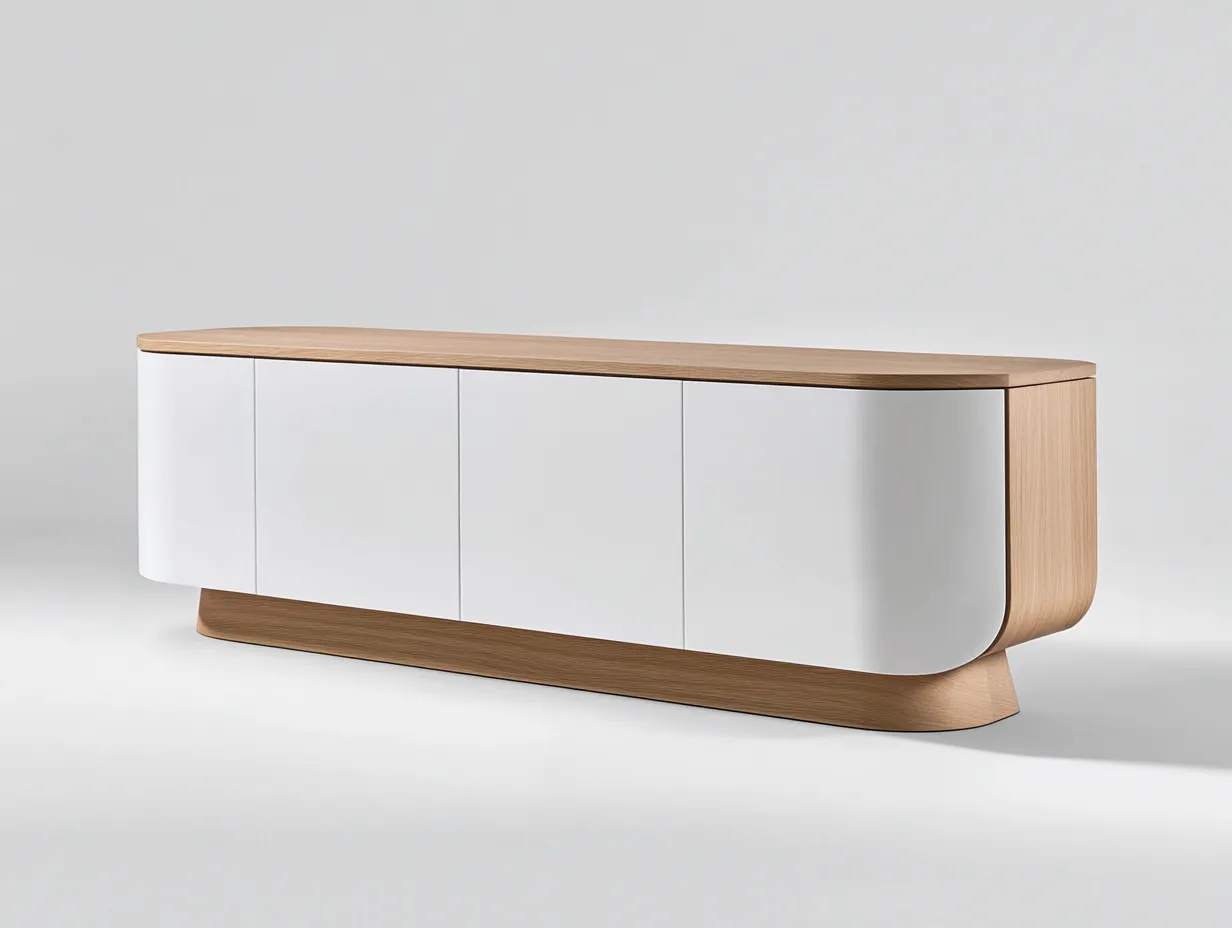 Meuble TV en bois chêne clair et blanc 180×40×75 cm – coins arrondis – base incurvée – avec espace de rangement-Habitatoliq