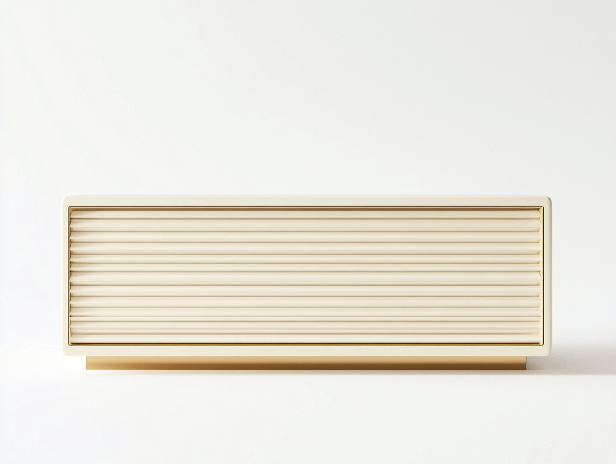 Meuble TV en bois crème 160×40×65 cm – façade à rainures horizontales – socle doré – avec espace de rangement-Habitatoliq