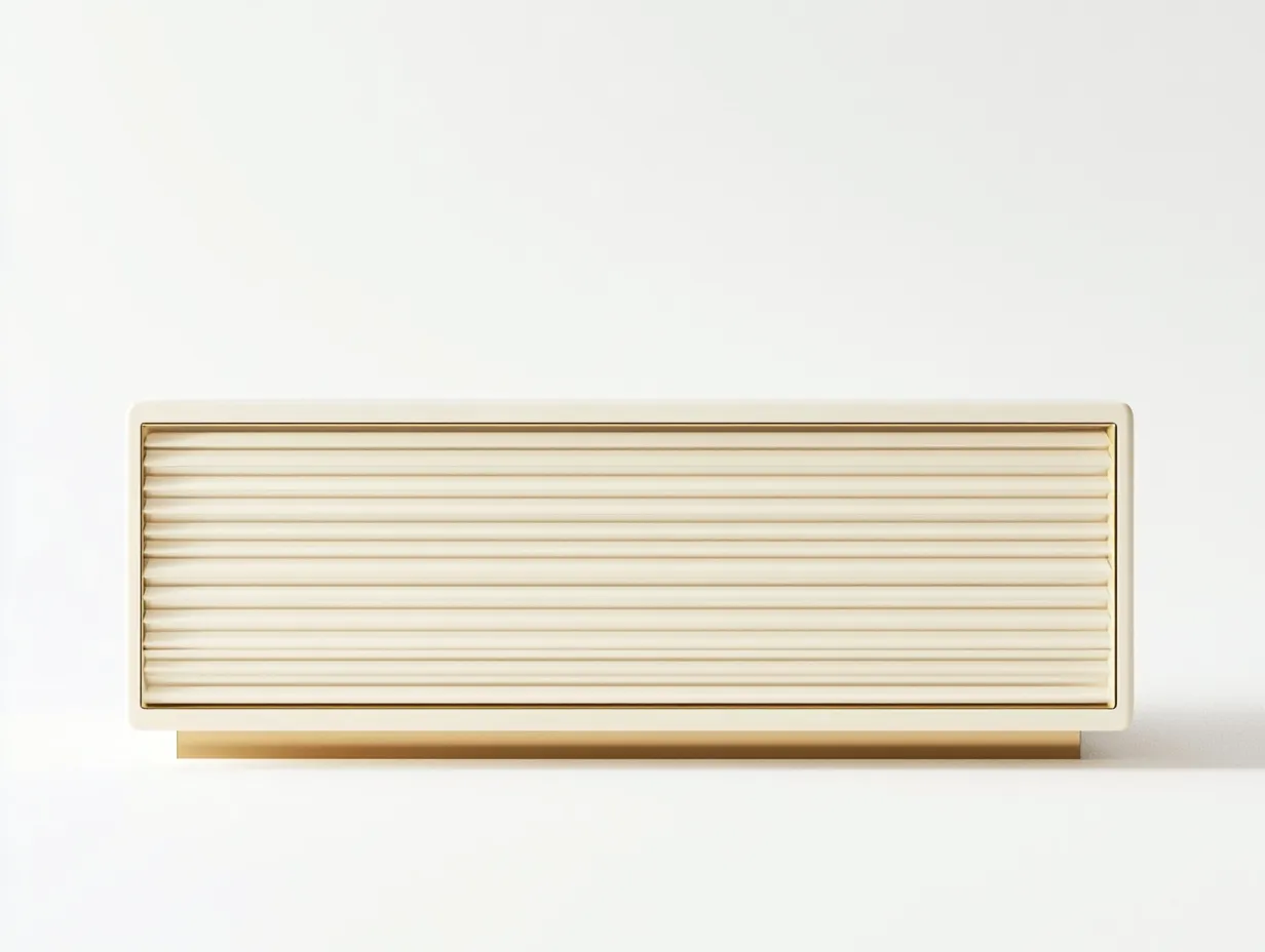 Meuble TV en bois crème 160×40×65 cm – façade à rainures horizontales – socle doré – avec espace de rangement-Habitatoliq