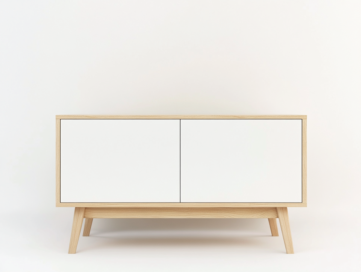 Meuble TV en bois 150×40×60 cm – blanc et couleur chêne clair – avec espace de rangement-Habitatoliq