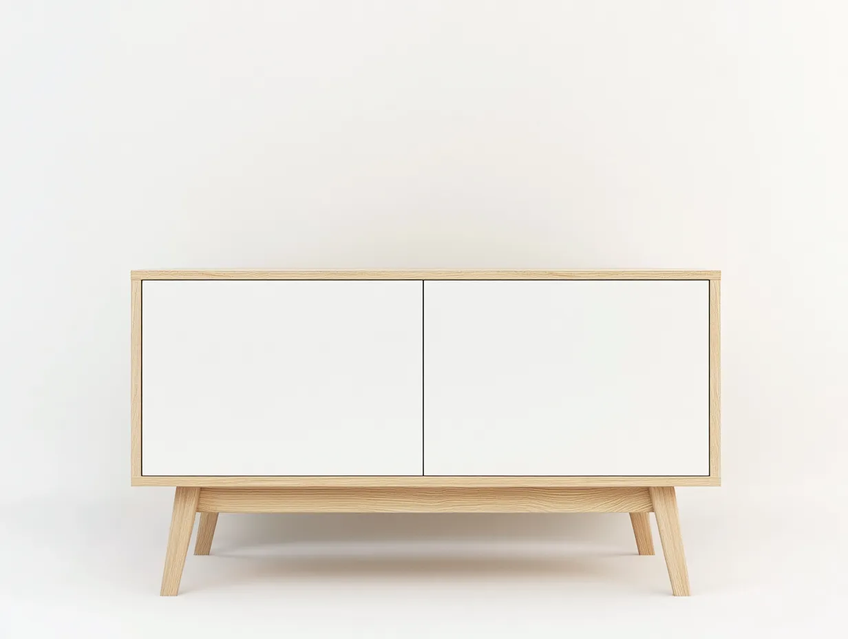 Meuble TV en bois 150×40×60 cm – blanc et couleur chêne clair – avec espace de rangement-Habitatoliq