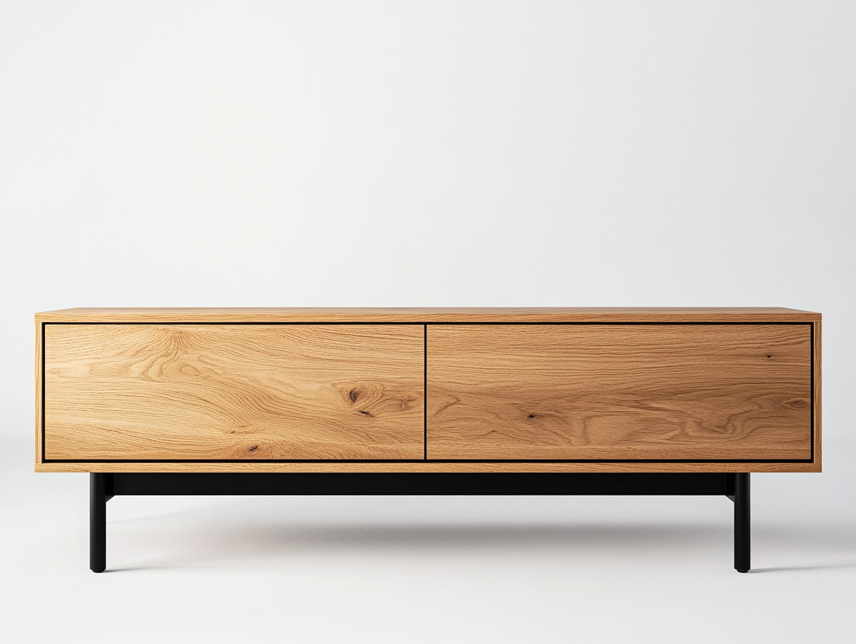 Meuble TV bois chêne 160×40×55 cm – pieds métalliques noirs – design moderne avec espace de rangement-Habitatoliq